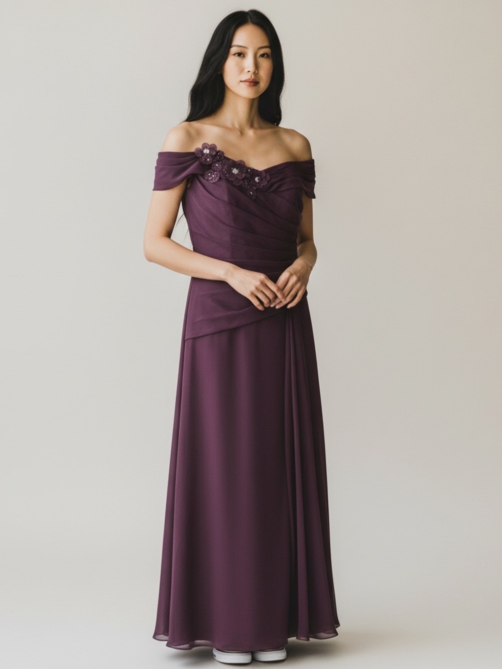 Jasmine whimsical fairy Off Shoulder Plum Evening Gown with Floral Accents